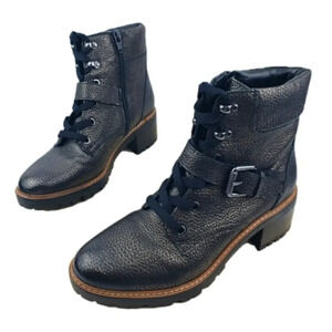 Naturalizer Combat Boots Size 7W Tia Taupe Leather  Block Heel Lace Up Side Zip